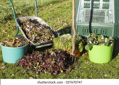  Compost Bin, Waste, Mulch In A Autumn Garden.