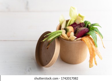 Compost Concept, Vegetable Peels, Peel In A Cardboard Biodegradable Container On White Background, Copy Space