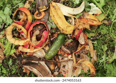 Compost pile in garden close up. Bio waste, vegetables and fruits food scraps background, texture. Zero waste, composting concept - Powered by Shutterstock