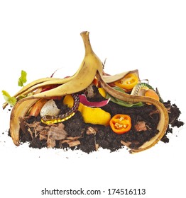 Compost Pile Of Kitchen Scraps Isolated On White Background 