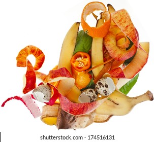 Compost Pile Of Kitchen Scraps Isolated On White Background Close Up 