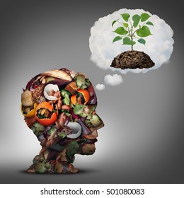 Compost plan and composting planning as a pile of rotting fruits egg shells and vegetable food scraps shaped as a human head dreaming of soil with a sapling growing.
