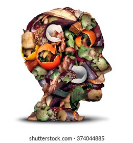 Compost Thinking And Composting Concept As A Pile Of Rotting Kitchen Fruits Egg Shells And Vegetable Food Scraps Shaped As A Human Head For Recycling As An Environmentally Responsible Icon.