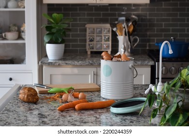 Composter With Food Scraps On Kitchen Counter Top 