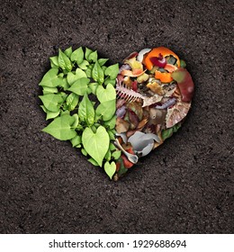 Composting Love And Compost Or Composted Soil Cycle As A Composting Pile Of Rotting Kitchen Scraps Turning Into Organic Fertilizer For Plant Growth Shaped Into A Heart As A Composite.