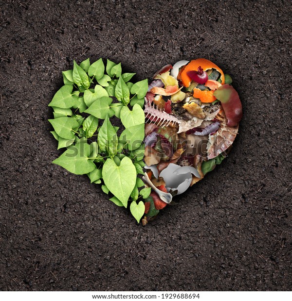 Composting\
love and compost or composted soil cycle as a composting pile of\
rotting kitchen scraps turning into organic fertilizer for plant\
growth shaped into a heart as a\
composite.