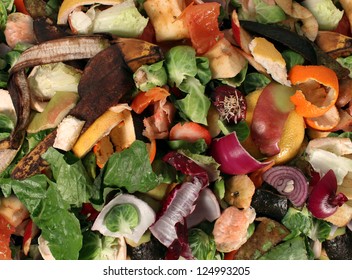 Composting pile of rotting kitchen fruits and vegetable scraps as a banana peel orange and onion garbage waste for recycling as an environmentally responsible compost that enriches soil in a garden. - Powered by Shutterstock