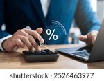 Compound interest rate percentage on investment, dividends, male investor using calculator to calculate future returns, retirement fund, fixed deposit, savings account, stocks, mutual fund.