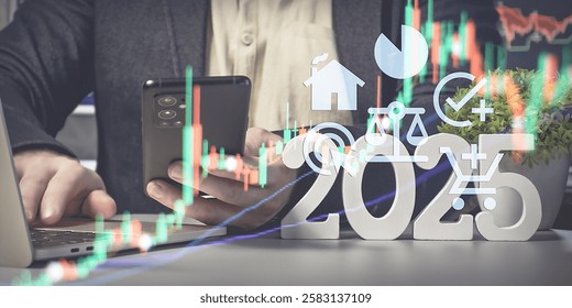 Comprehensive Financial Planning for 2025: Businessman with Smartphone, Data Visualizations