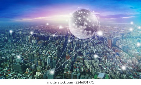 comprehensive social connection and internet around the city, mixed media. - Shutterstock ID 2246801771