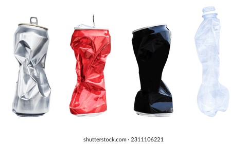 Compressed aluminum can and plastic bottle isolated on white background with clipping path - Shutterstock ID 2311106221