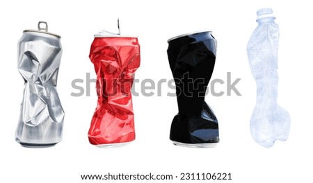 Compressed aluminum can and plastic bottle isolated on white background with clipping path