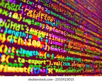 Compressed javascript code on computer screen. Sale  tagcloud. Pixelated data stream on digital interface with binary code, encryption concept, and glowing dots. Software development. Close up.