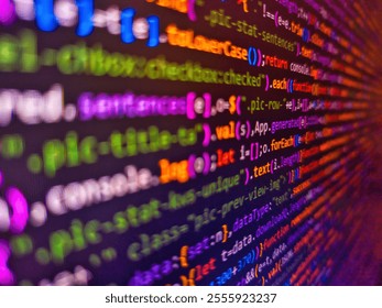 Compressed javascript code on computer screen. Abstract computer script code. Hacker monitor program. Abstract background of digital binary code of software. 3d rendering. Stock market display.