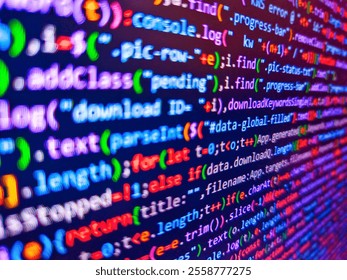 Compressed javascript code on computer screen. Pixelated data stream on digital interface with binary code, encryption concept, and glowing dots. Color coding on screen. Binary background.