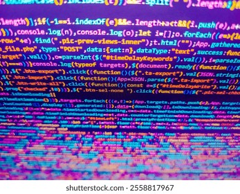 Compressed javascript code on computer screen.  . Abstract background with letters. Software developer programming code. Abstract code background. Seamless  pattern. Javascript code.