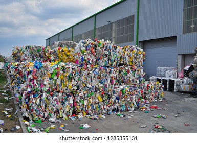 Compressed Waste Plastic Bottle In Recycling Yard