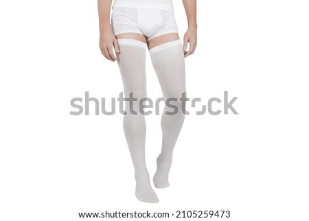 Compression Hosiery for surgery isolated on white. Medical stockings, tights for varicose veins therapy. Embolism deterrent hose or anti-embolism stockings.