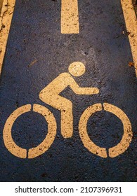 Compulsory Bicycle Path. Bike, Cycle Or Bicycle Road. Bike Path Icon. Blue And White Road Paint. Urban Transportation And Healthy Movement.