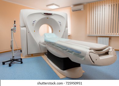 Computed Tomography Or Computed Axial Tomography Scan Machine In Hospital Room. Equipment In Oncology Department. Nuclear Medicine. 