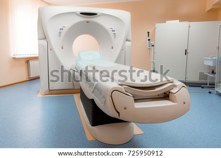 Computed tomography or computed axial tomography scan machine in hospital room. Equipment in oncology department. Nuclear Medicine. 