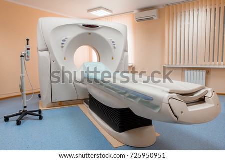 Computed tomography or computed axial tomography scan machine in hospital room. Equipment in oncology department. Nuclear Medicine. 