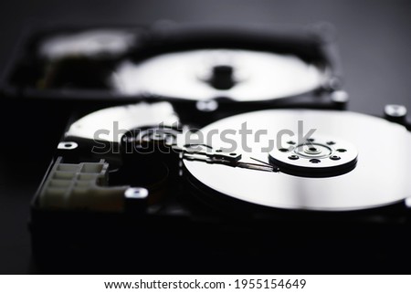 Computer accessories. The disassembled hard drive. Repair components PC. Broken external hard drive. Computer background.