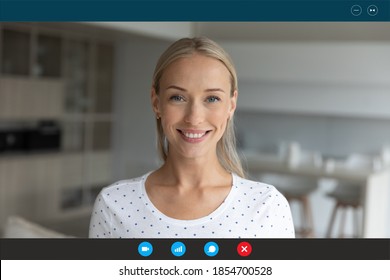 Computer Application Screen Headshot View Smiling 30s Blonde Woman Looking At Web Camera, Enjoying Pleasant Conversation Talk By Video Call With Friends Or Communicating With Colleagues At Home.