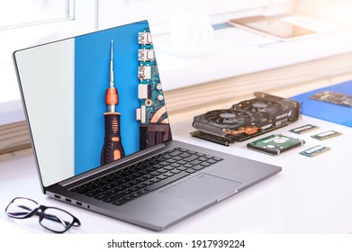 Computer Assembly Courses. There Is A Computer And Parts On The Table. Repair Of Gadgets. Online Learning