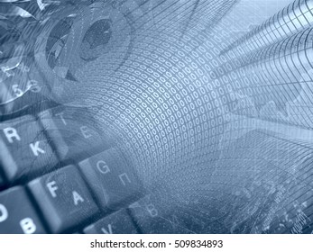 Computer background in blues with digits, keyboard and map.
