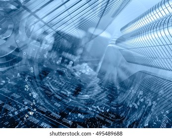 Computer background in blues with electronic device, buildings and digits.