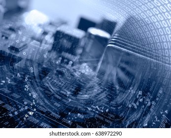 Computer background in blues with electronic device and digits.