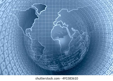 Computer background in blues with world map and digits.