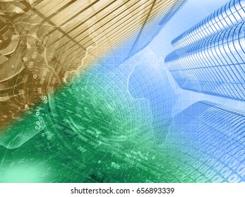 Computer background with buildings, map and digits, toned.