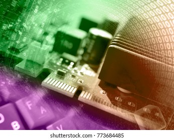 Computer background with digits, electronic device and keyboard, toned.