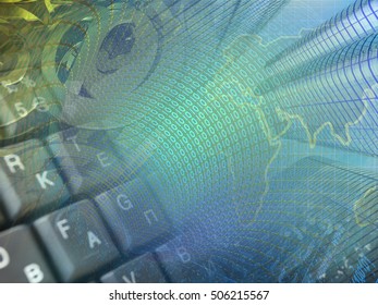 Computer background with digits, keyboard and map.