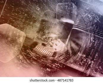 Computer background with electronic device, cubes and digits, toned.