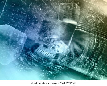 Computer background with electronic device, cubes and digits, toned.