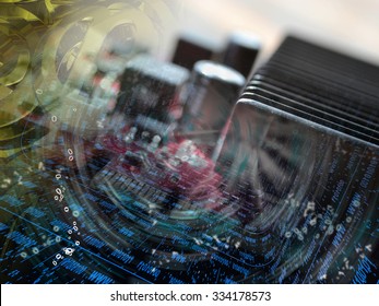 Computer background with electronic device, mail signs and digits.