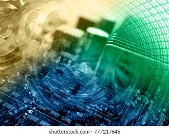 Computer background with electronic device, mail signs and digits, toned.