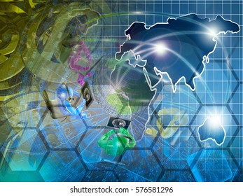 Computer background with globe, map, mans and mail symbols.