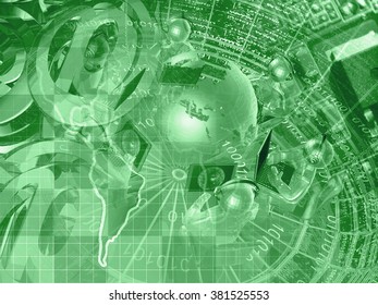 Computer background in greens with electronic device, map, mans and globe.