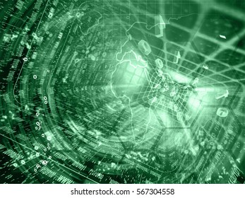 Computer background in greens with map, tunnel and digits.