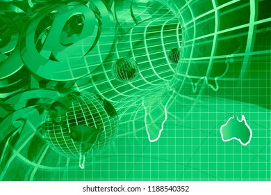 Computer background with map, mail signs and globes.
