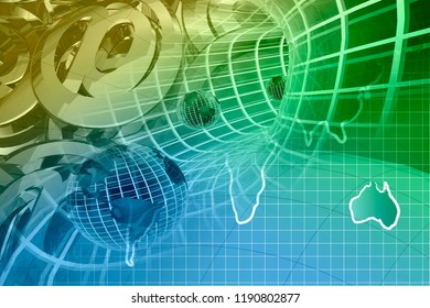 Computer background with map, mail signs and globes.