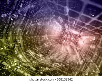 Computer background with map, tunnel and digits, toned.