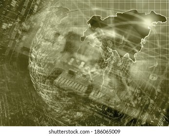 Computer background in sepia with electronic device, map and digits.