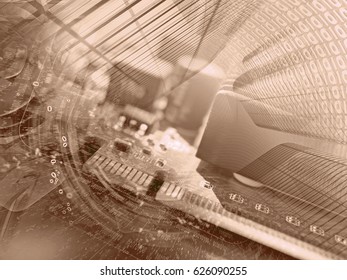 Computer background in sepia with electronic device, building and digits. - Shutterstock ID 626090255