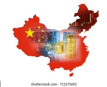 Computer For Bitcoin Mining And Bitcoin Currency Coin On A Stock Market Charts On Flag Map Of China