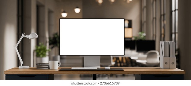 Computer blank screen display on workspace with wooden desk, lamp, stacked books, and open notebook in modern office 3D render.